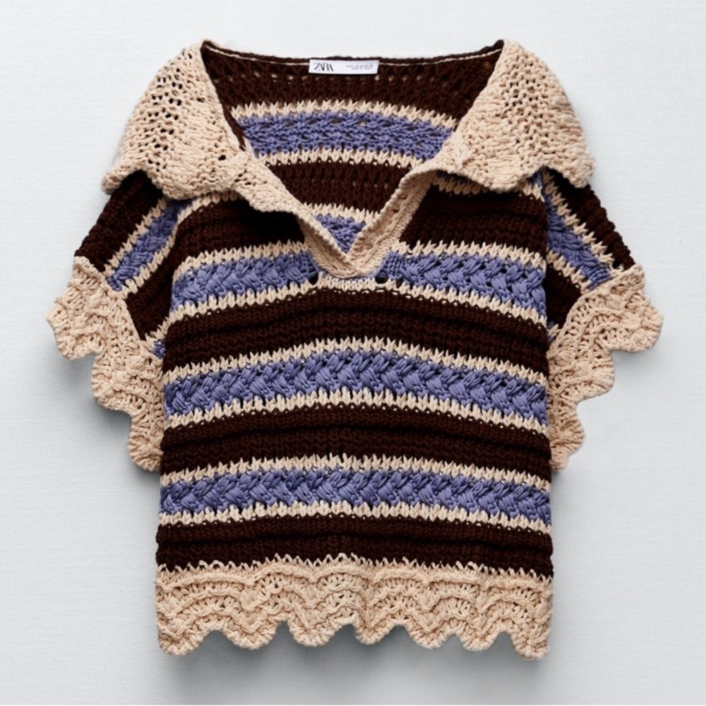 New Zara Crochet Knit Hooded Short Sleeve Sweater - Picture 5 of 8
